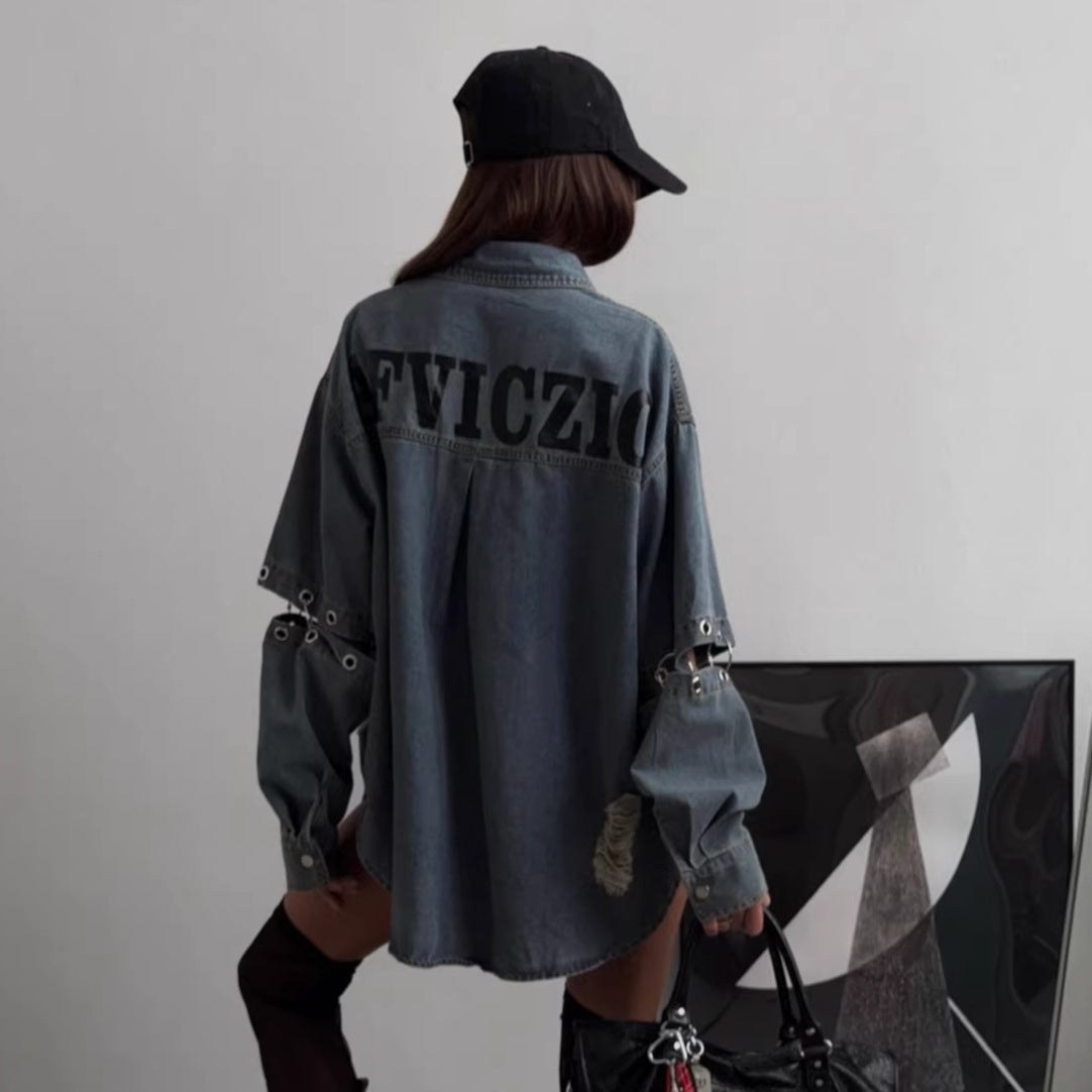 Damen Oversized Jeanshemd Ripped Details