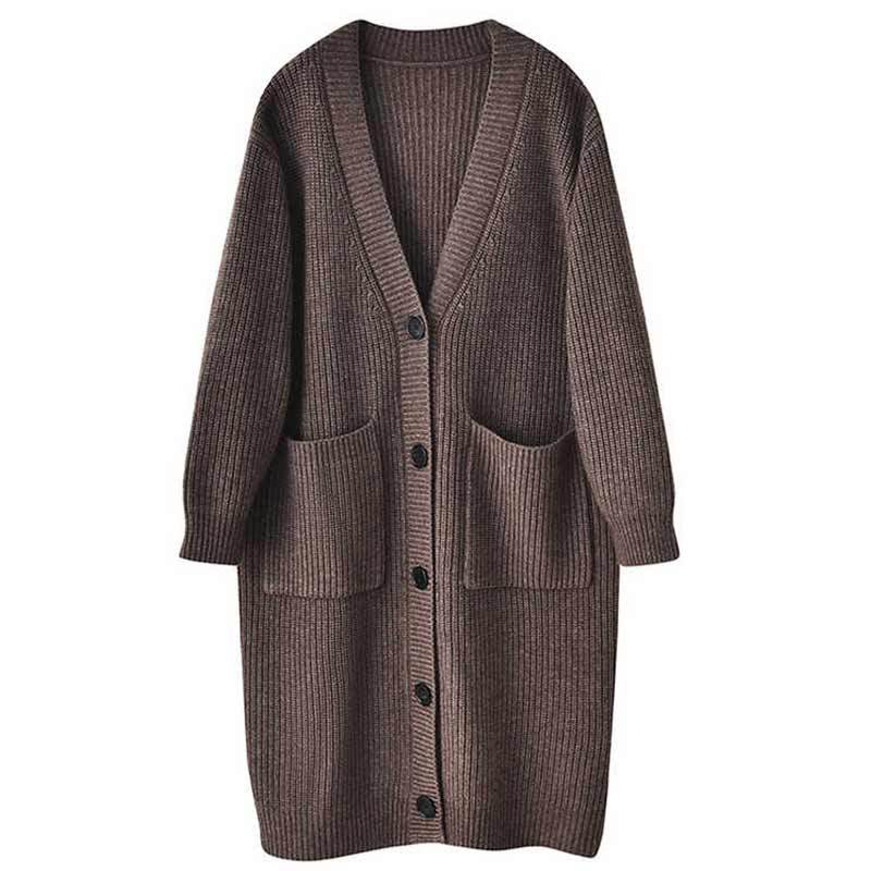 Damen Strickcardigan Lang mit Taschen und Knöpfen Beige