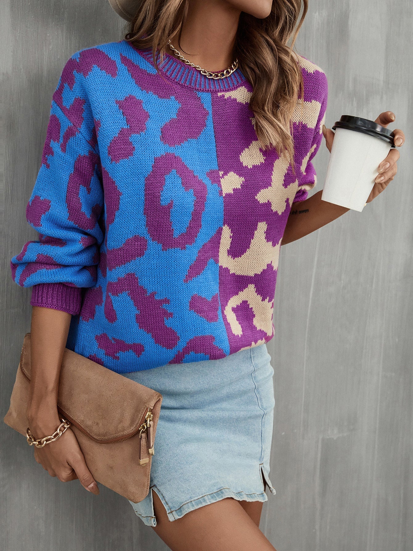 Damen Pullover Leo-Muster Bunt