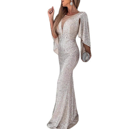 Damen Abendkleid Pailletten V-Ausschnitt Flügelärmel