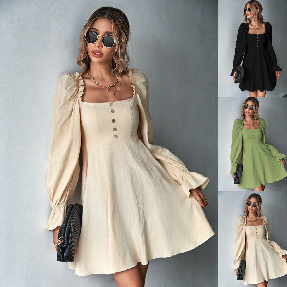 Damen Minikleid Puffärmel Knopfdetails Norvielle - Norvielle
