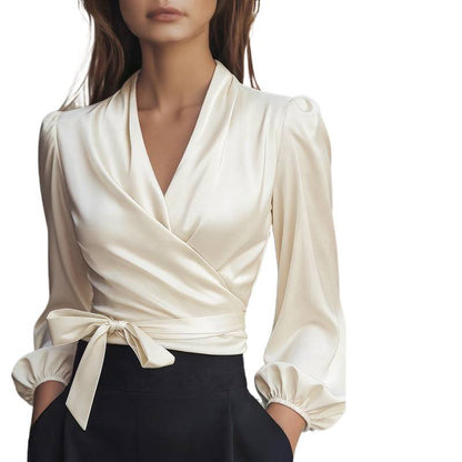 Damen Wickelbluse Satin Puffärmel Norvielle