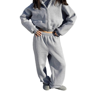 Damen Cropped Sweatjacke Jogginghose Set Baumwolle Beige