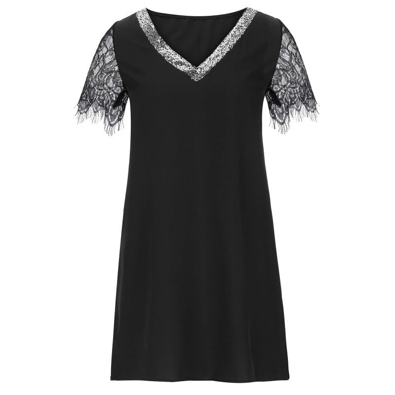 Damen Kleid mit Spitzenbesatz V-Ausschnitt Elegant