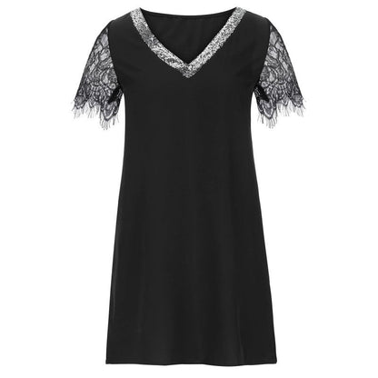 Damen Kleid mit Spitzenbesatz V-Ausschnitt Elegant