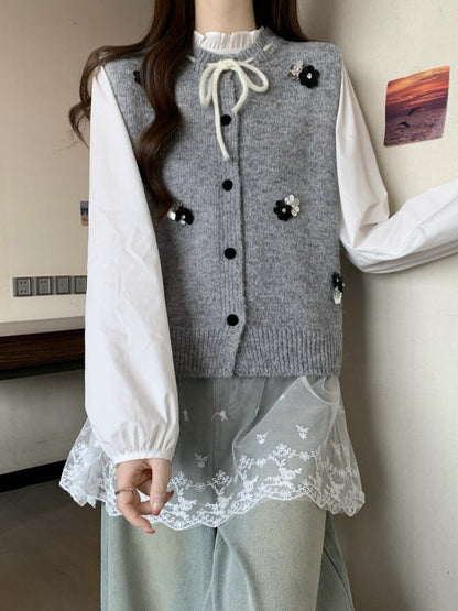 Damen Strickjacke Blumenapplikationen Bindeverschluss Beige
