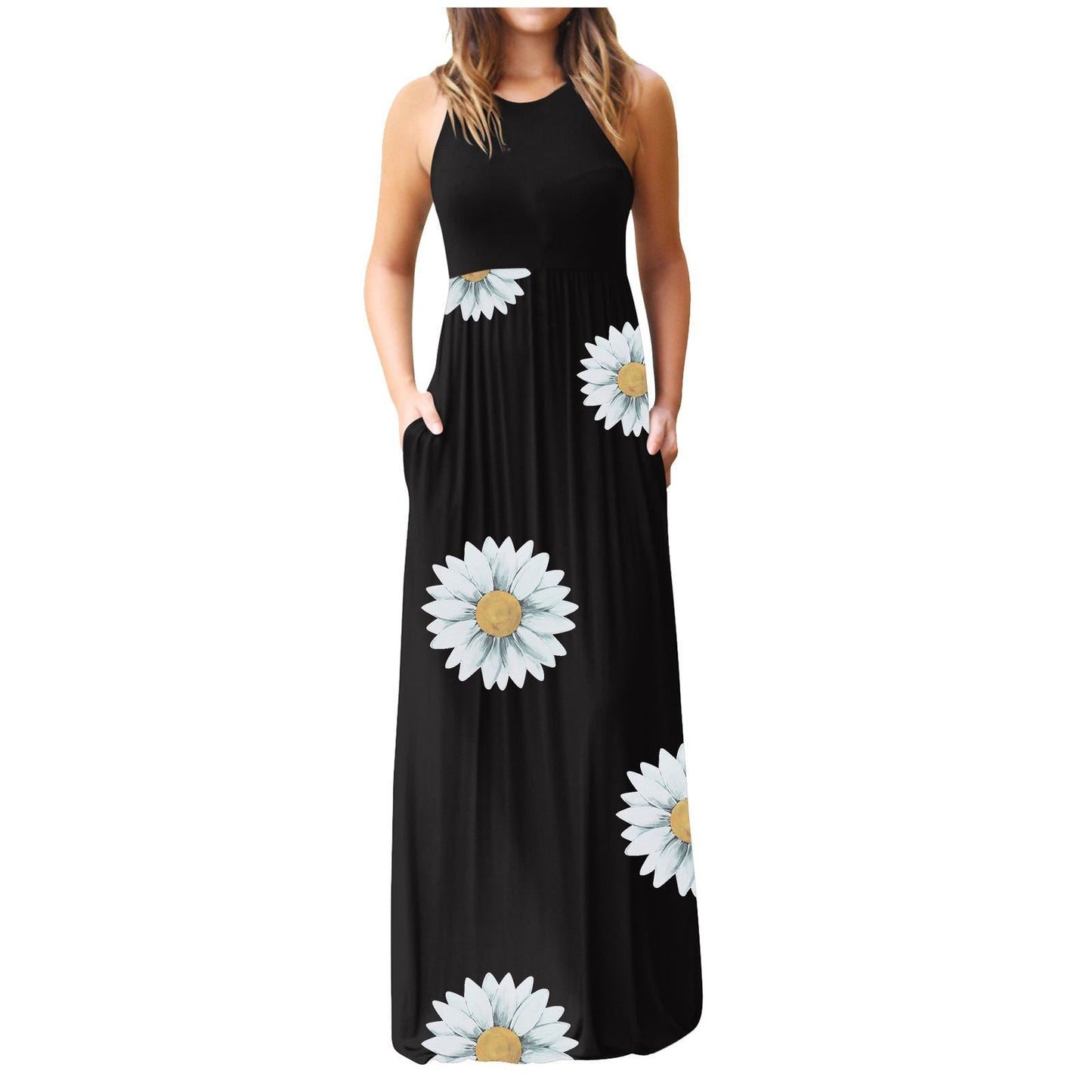 Damen Maxikleid Floralmuster Baumwolle Beige