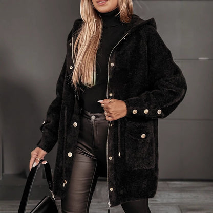 Damen Fleecejacke Mit Kapuze Und Taschen Kuschelig Grau