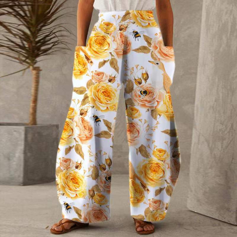 Damen Weite Blumenhosen Mit Taschen Elastischer Bund