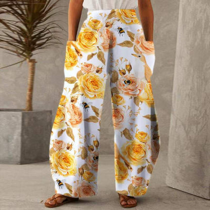 Damen Weite Blumenhosen Mit Taschen Elastischer Bund