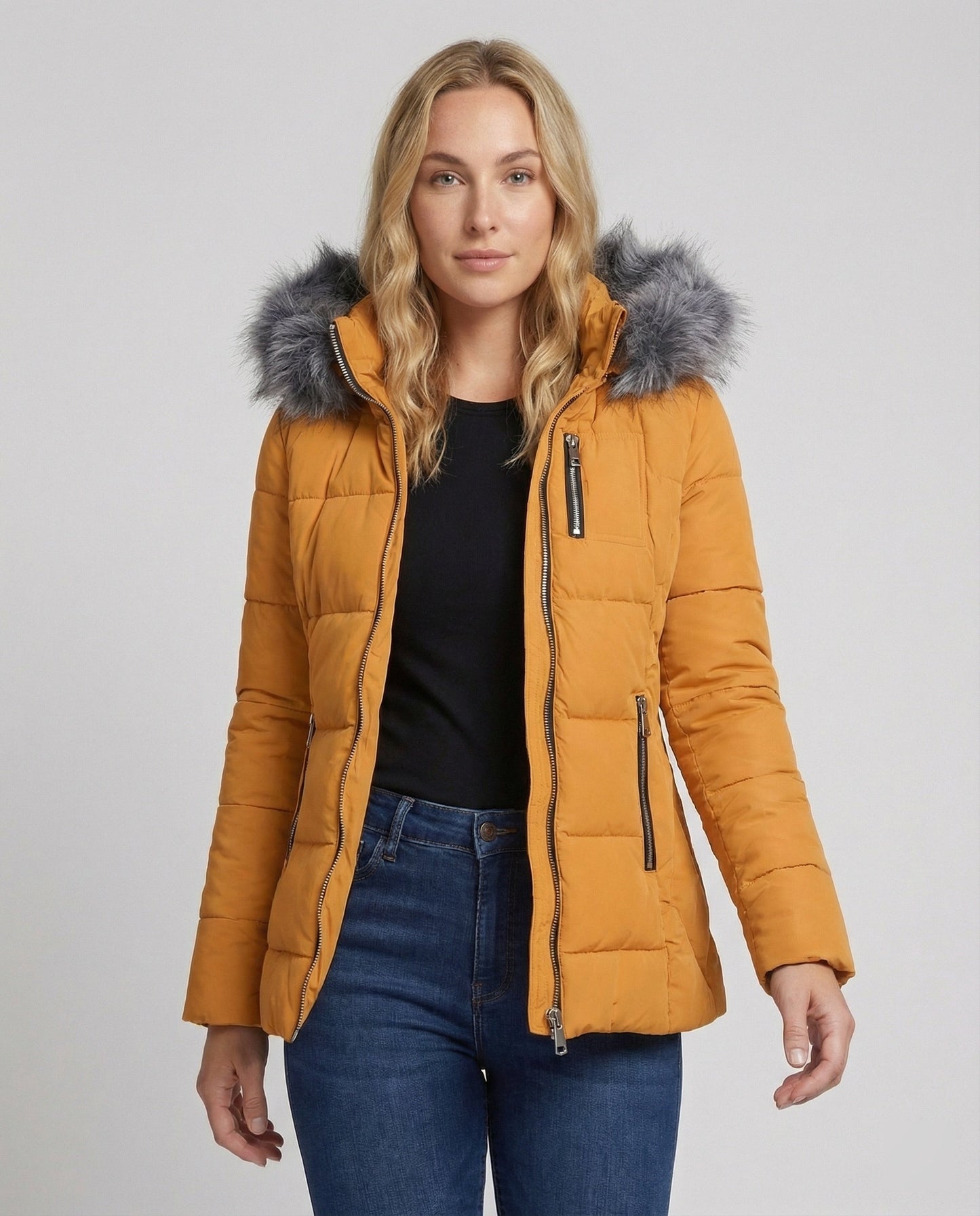 Damen Daunenjacke Fellkragen Schwarz - Norvielle