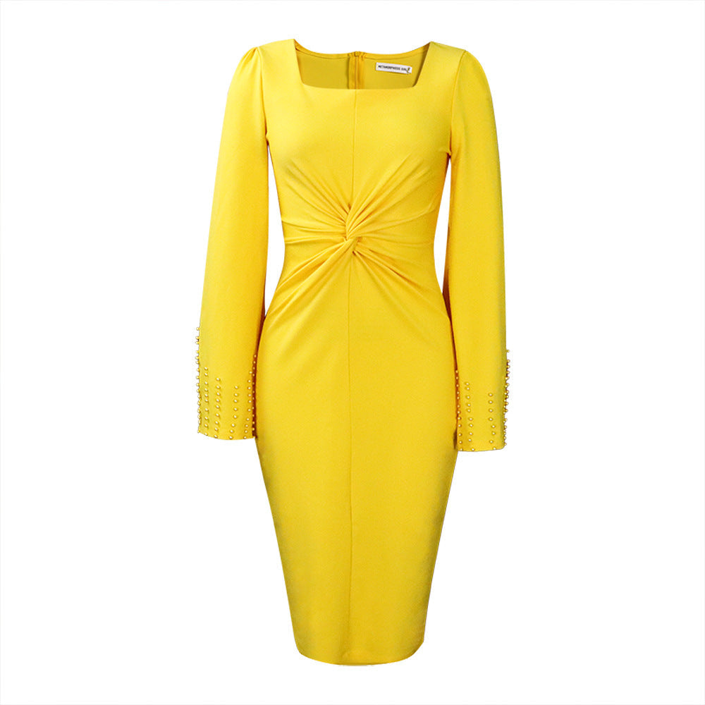 Damen Kleid Figurbetont Mit Bindegürtel Ärmel