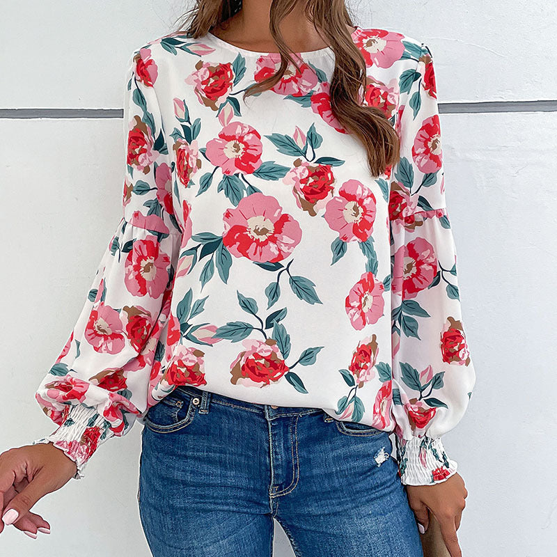 Damen Bluse mit Volantärmel Floralmuster Blume