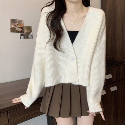 Damen Strickjacke V-Ausschnitt Große Knöpfe Beige