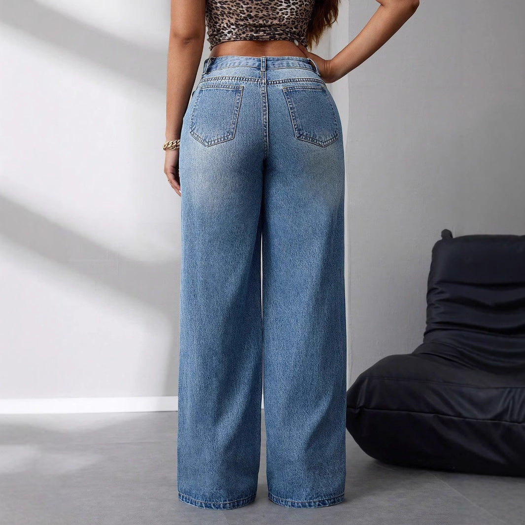 Damen High-Waist Jeans Weit Vintage-Stil
