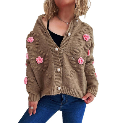 Damen Strickjacke Floralmuster Perlenknöpfe Norvielle