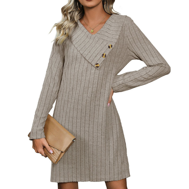 Damen Strickkleid Asymmetrischer Kragen Elegante Knöpfe