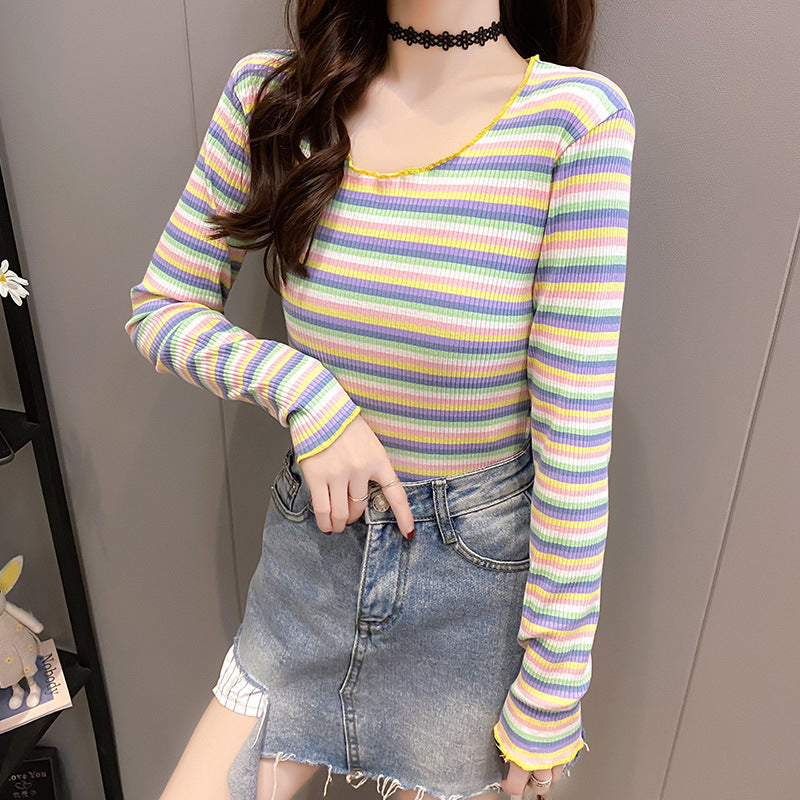 Damen Langarmshirt Streifenmuster Baumwolle Weiß/