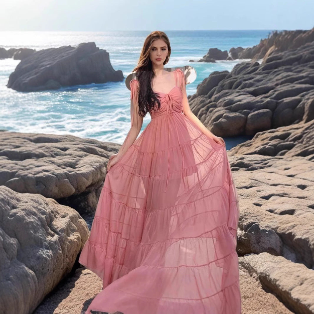 Damen Maxikleid Schulterfrei Rüschen Design Norvielle