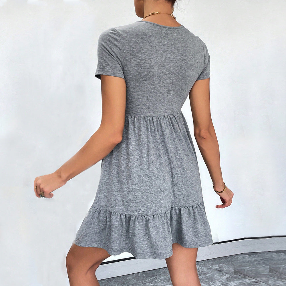 Damen Kurzarm-Kleid mit Knöpfen und Rüschensaum Norvielle