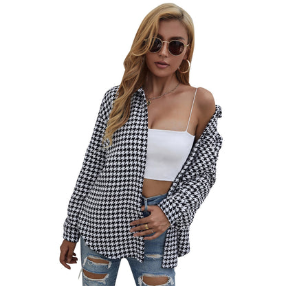 Damen Hemdjacke Hahnentritt Muster Locker Norvielle