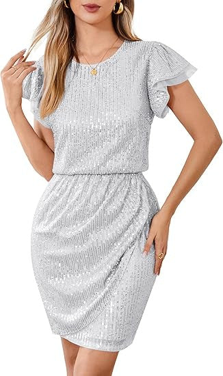 Damen Cocktailkleid Pailletten Voluminöse Rüschenärmel Norvielle