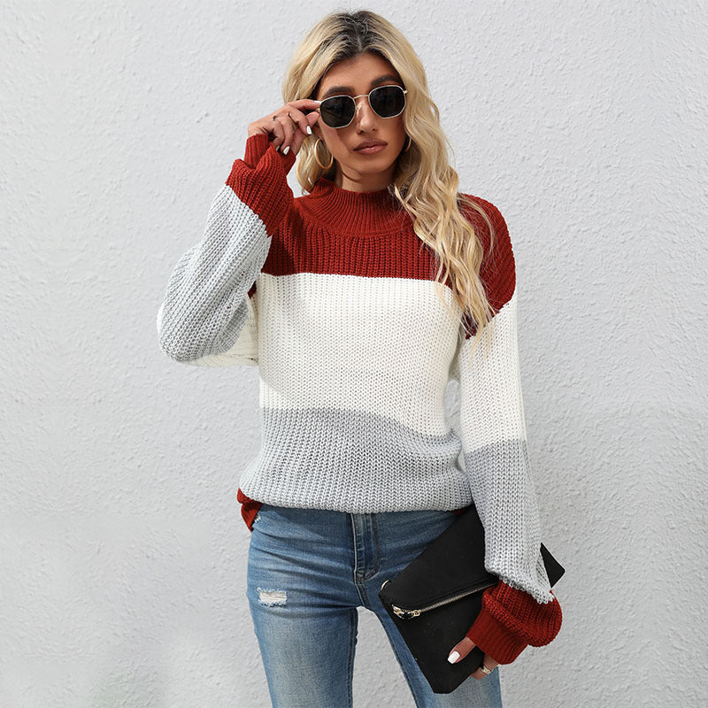 Damen Strickpullover Hochkragen Blockstreifen Norvielle