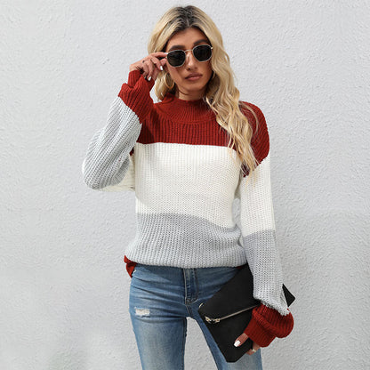 Damen Strickpullover Hochkragen Blockstreifen Norvielle