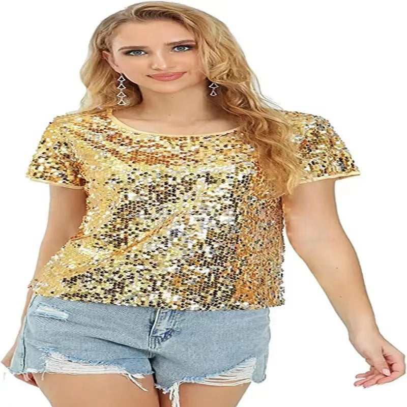 Damen Glitzerndes Pailletten T-Shirt Baumwolle Lässig