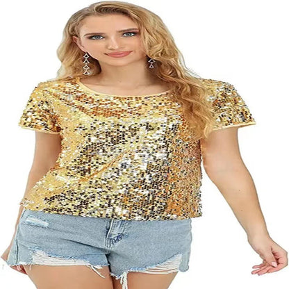 Damen Glitzerndes Pailletten T-Shirt Baumwolle Lässig