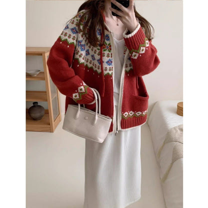 Damen Strickjacke Farbenfroh Muster Taschen Norvielle