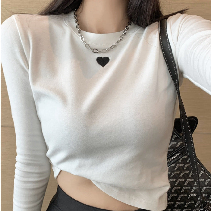 Damen Basic-T-Shirt Langarm Herz-Detail Weiß