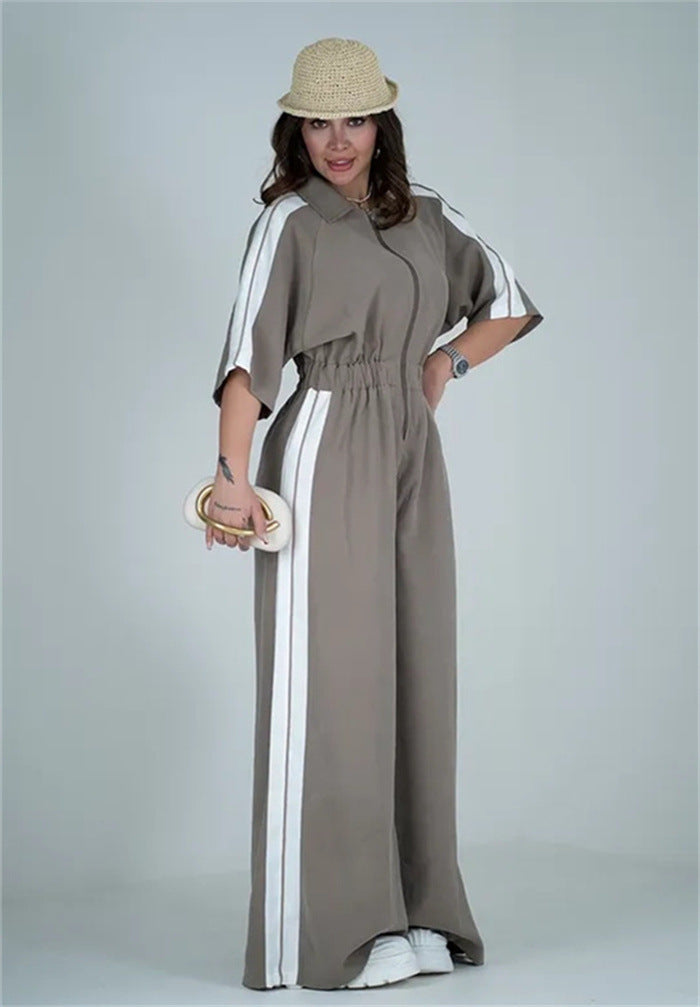 Damen Jumpsuit Lang Taillenbund Kontraststreifen