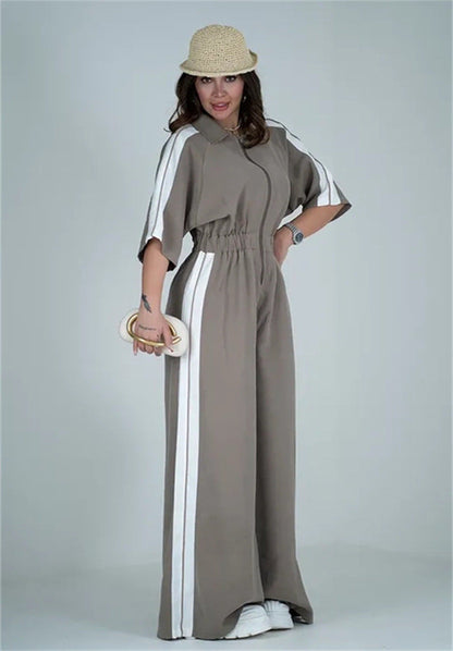 Damen Jumpsuit Lang Taillenbund Kontraststreifen