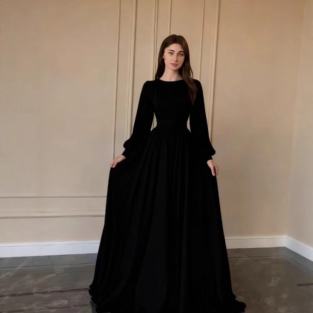 Damen Langkleid Norvielle Elegant Taillenband Ballonärmel