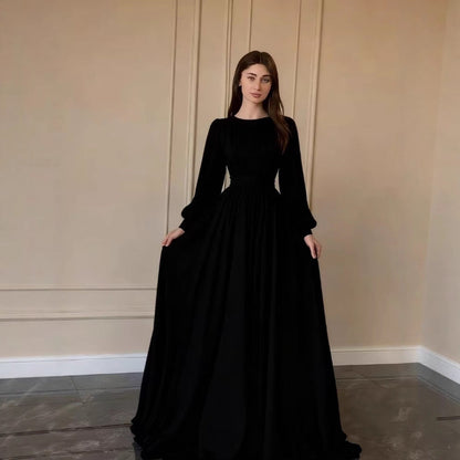 Damen Langkleid Norvielle Elegant Taillenband Ballonärmel