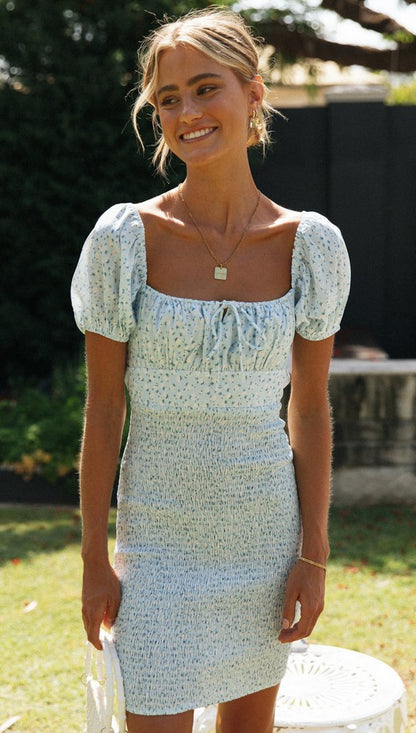 Damen Minikleid Puffärmel Raffung