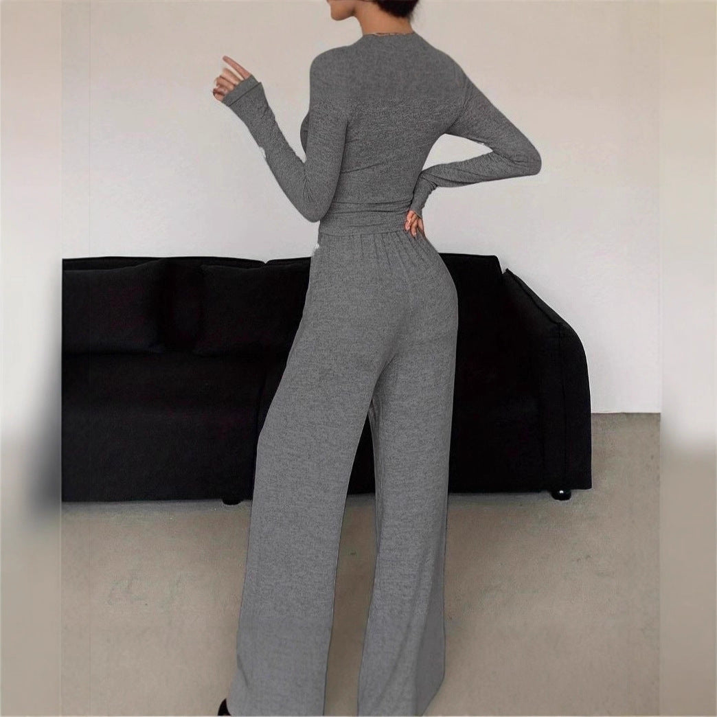 Damen Lounge-Set Elastischer Bund Mit Knöpfen Beige