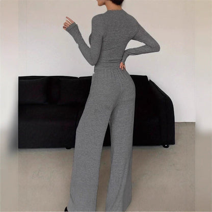 Damen Lounge-Set Elastischer Bund Mit Knöpfen Beige