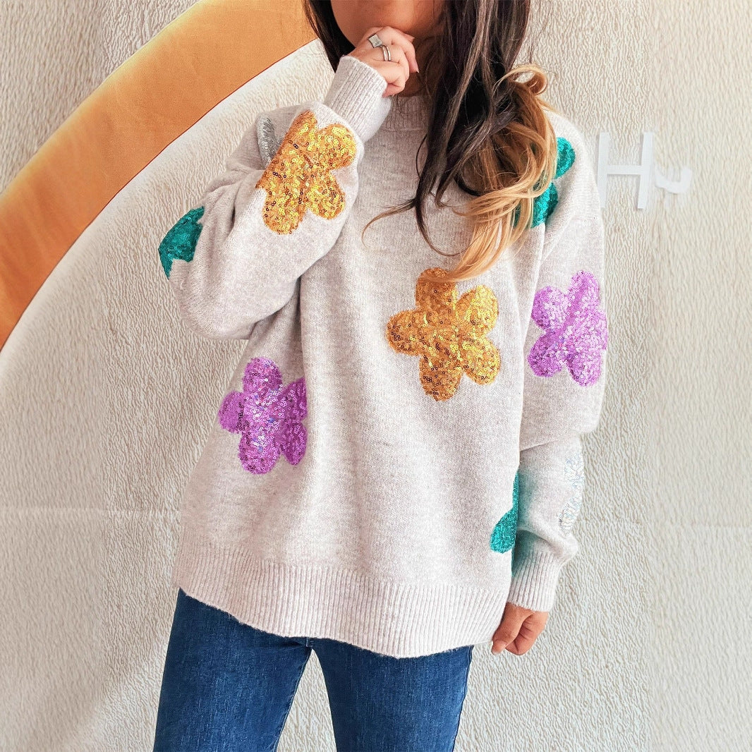 Damen Pullover Bunt Paillettenblumen Norvielle