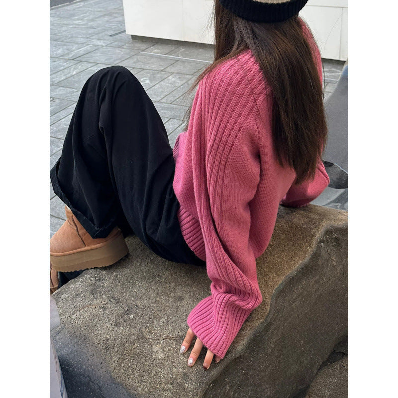Damen Strickpullover Rundhals Norvielle Breite Rippbündchen