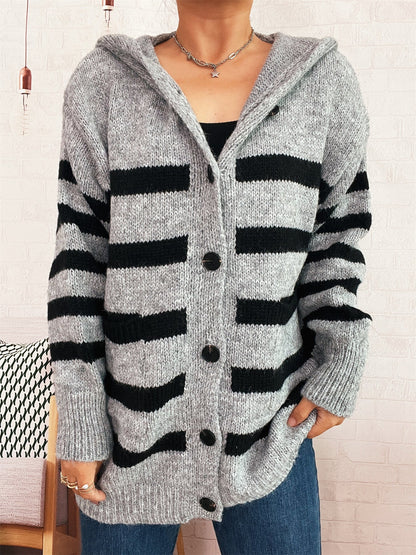 Damen Strickcardigan mit Kapuze und Streifen