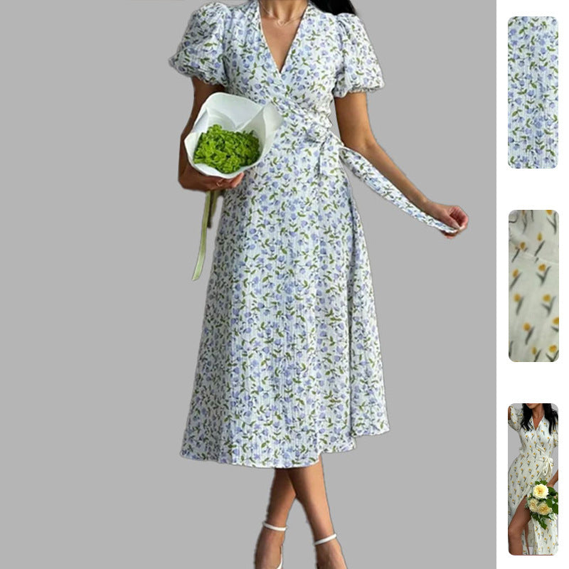 Damen Wickelkleid mit Puffärmeln und Blumenmuster - Norvielle