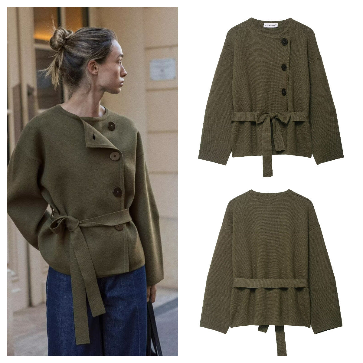 Damen Strickjacke mit Taillengürtel und Knöpfen Beige - Norvielle