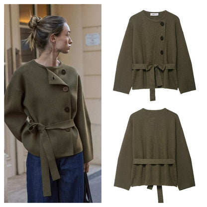 Damen Strickjacke mit Taillengürtel und Knöpfen Beige - Norvielle