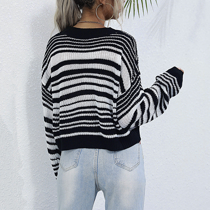 Damen Strickpullover Weit Modisches Streifenmuster Beige