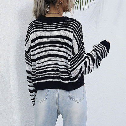 Damen Strickpullover Weit Modisches Streifenmuster Beige