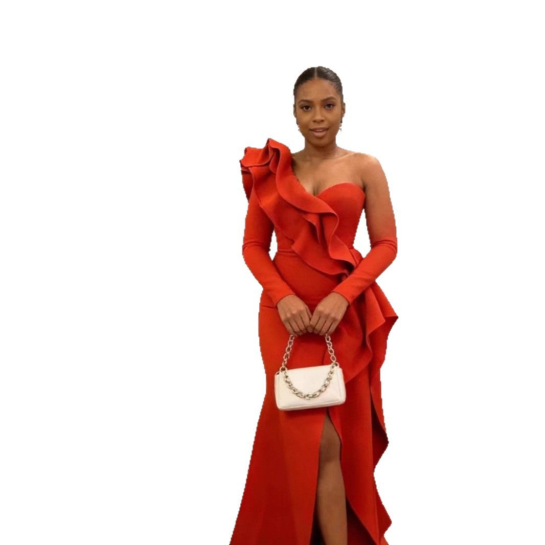 Damen Abendkleid Schulterfrei Rüschendetails Asymmetrisch
