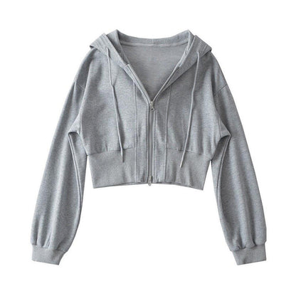 Damen Cropped Kapuzenjacke Reißverschluss Elastisch