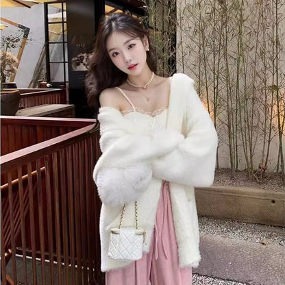 Damen Strickcardigan Flauschig Offener Schnitt Lässig Beige